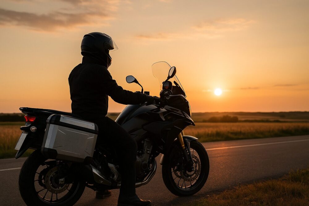 「夕陽に染まる一本道で大型バイクにまたがるライダーの後ろ姿